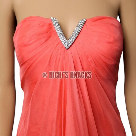 La Femme Hot Coral Strapless High Low Prom Dress Embellished Formal Gown Size 6 - Picture 3 of 13